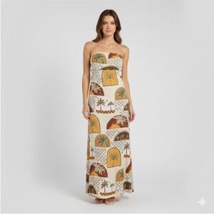 NWT Petal & Pup Strapless Palm-Print Maxi Dress - White, Mustard, Brown, Green